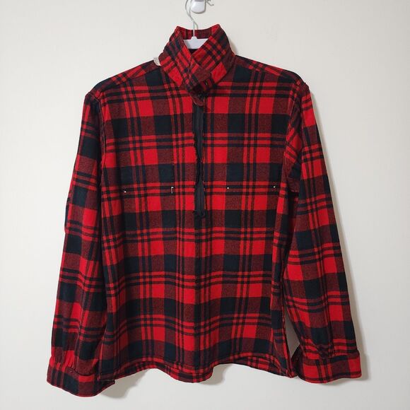 Vtg Mac Hugh Mens Virgin Wool Plaid 1/2 Zip Shirt Red Black Washable L/16-16.5 - Picture 4 of 8